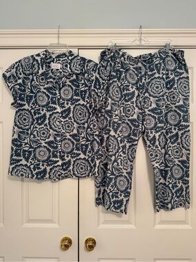 EUC The Cat’s Pajamas Blue Floral Cotton Voile PJs XL